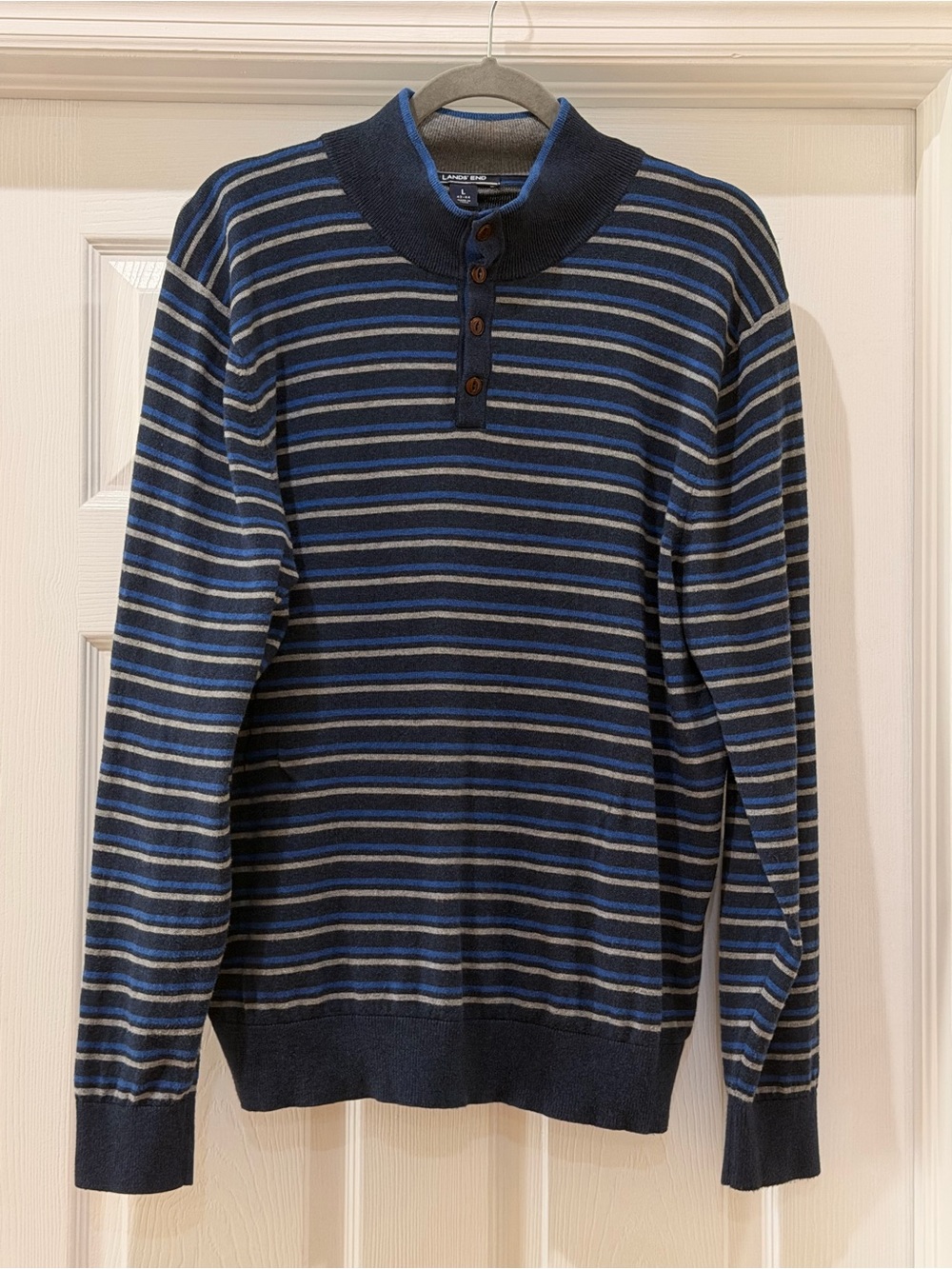 Lands' End Men's Navy, Blue and Gray Striped Henley Sweater